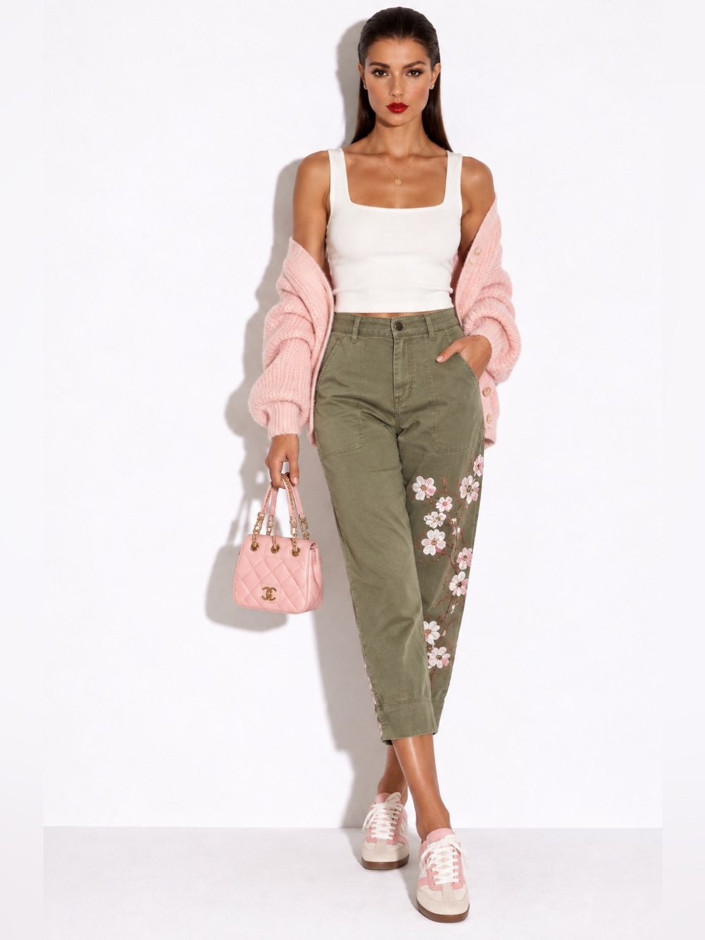 ZARA Discontinued Elastic Waist Khaki Green Floral Embroidered Chino Trousers